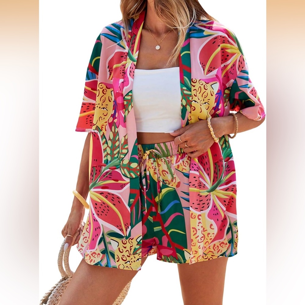 Tropical Print kimono top and shorts